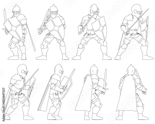 A determined knight in full armor holds a sword and shield in a defensive stance. The detailed illustration on a white background highlights the warrior's helmet, breastplate, and gauntlets.