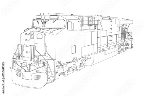 Detailed diesel locomotive contour drawing on a white background serves as a printable coloring page for children.
