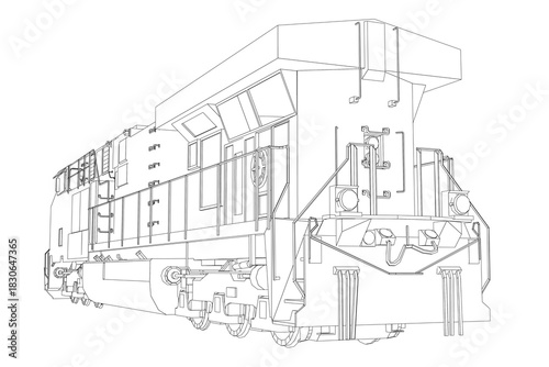 Detailed black and white line art of a train locomotive engine, featuring intricate contour details of the cab, wheels, and boiler on a clean white background.