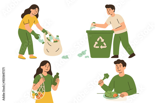 Sustainable lifestyle concepts including recycling plastic, zero waste shopping, and healthy eating habits