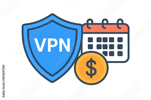 VPN shield protection with calendar and dollar coin symbolizing subscription payment