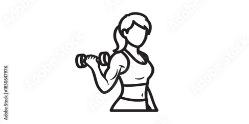 Woman lifting small dumbbell thin line icon, body building concept. Vector graphics. Girl with arm muscles, training sign on white background, style icon mobile or web design.