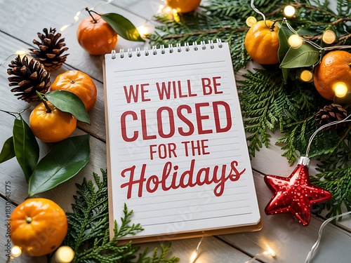 A white notepad with red lettering announcing we will be closed for the holidays surrounded by festive christmas decorations and tangerines