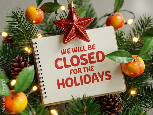 Festive christmas tree decoration with a notebook announcing business closure for the holiday season