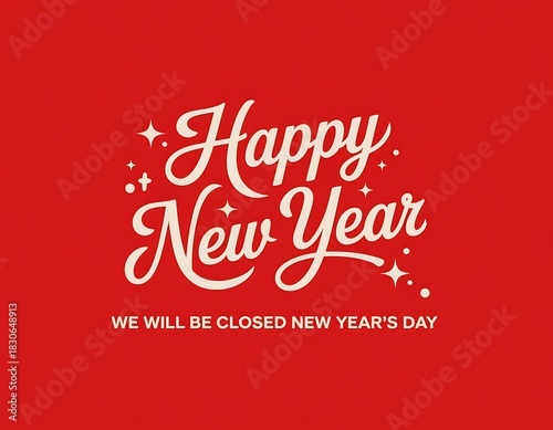 Happy new year announcement we will be closed new year s day festive red background with golden calligraphy and sparkles