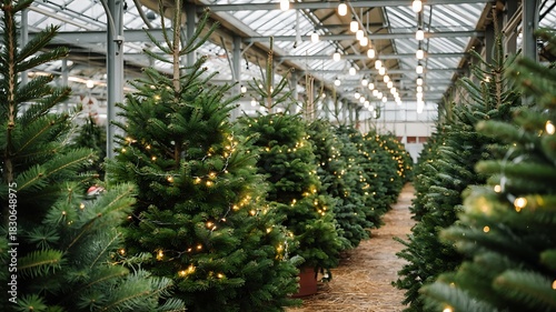 Rows of fresh green christmas trees with subtle fairy lights displayed indoors in a large greenhouse ready for holiday shopping