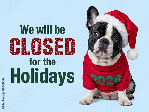 Adorable french bulldog wearing a santa hat and festive sweater announcing business closure for the holidays