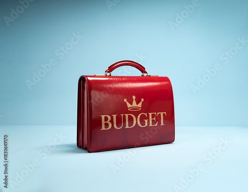 Red leather briefcase with gold crown and the word budget embossed on a light blue background representing financial planning and wealth management