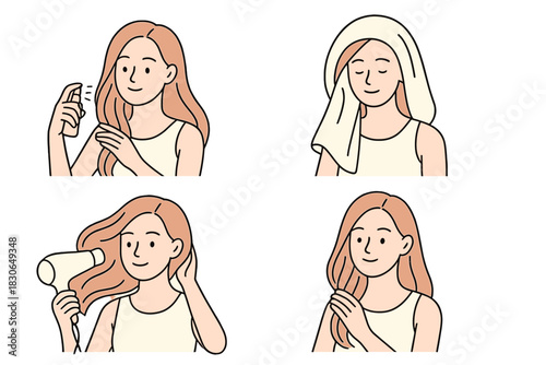 Four steps of woman's hair care routine: spraying, towel drying, blow drying, styling