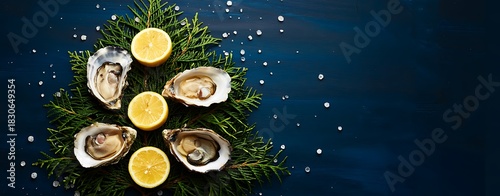 Creative christmas tree made of fresh green fir branches adorned with opened oysters and lemon slices on a dark blue background