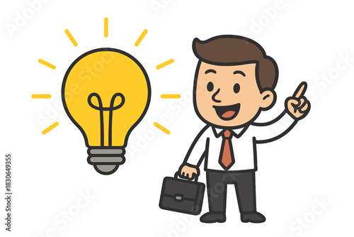 Professional businessman pointing at a bright glowing light bulb representing a new idea