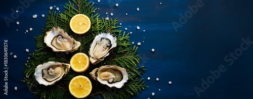 Festive seafood christmas tree decoration with fresh oysters and lemon slices on dark blue background