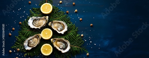 Festive christmas tree adorned with fresh oysters and citrus slices creating a unique seafood holiday celebration against a dark blue background