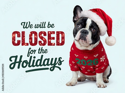 Cute french bulldog wearing a santa hat and festive sweater announcing business closure for the holidays