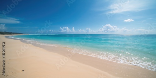 Fototapeta Naklejka Na Ścianę i Meble -  Empty sandy beach with sea landscape, background for text and layout design, summer holiday awareness