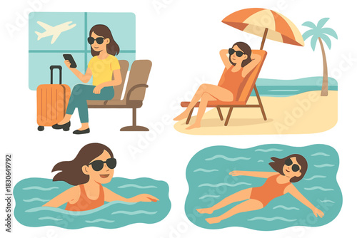 Woman enjoying summer vacation scenes: airport waiting, beach sunbathing, and ocean swimming