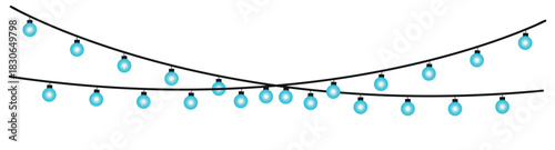 Two strands of blue string lights hanging with black cords crossing each other on a white background , glowing holiday lights garland bulbs, twinkling fairy lights glow