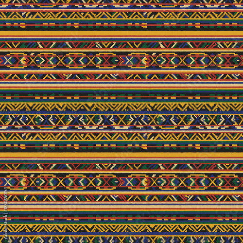 Seamless horizontal striped African pattern in Pan-African colors with a woven knit texture, symbolizing cultural heritage for Kwanzaa and Black History Month backgrounds.