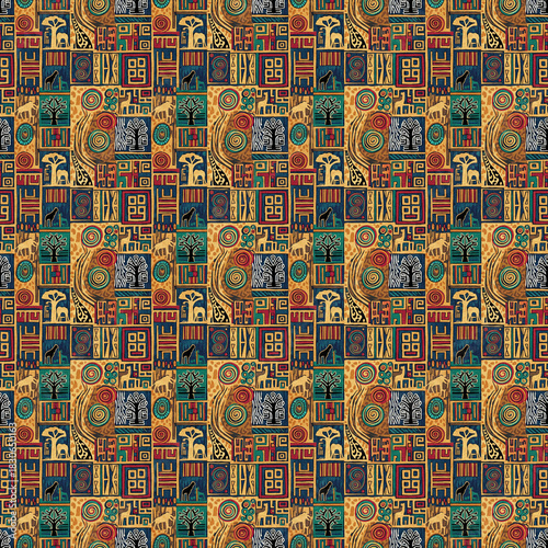 Seamless African tribal patchwork pattern featuring safari animals, baobab trees, and geometric motifs in earth tones, symbolizing savanna nature and folklore.