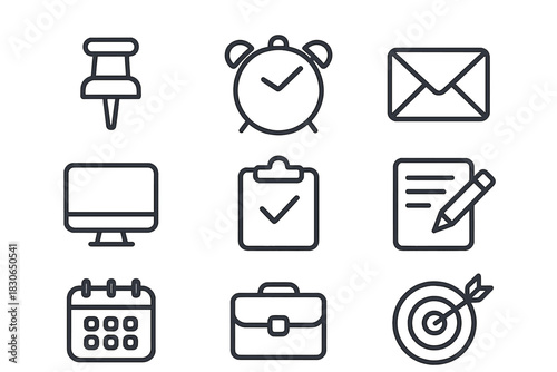 Essential business productivity outline set with time, communication, and goals concepts