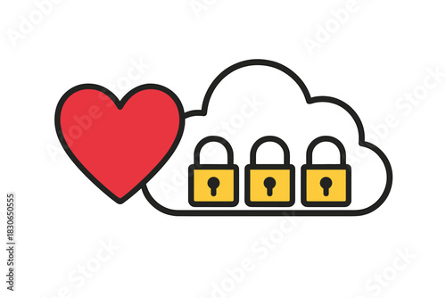 Cloud computing security protecting sensitive information symbolized by a heart and three locks