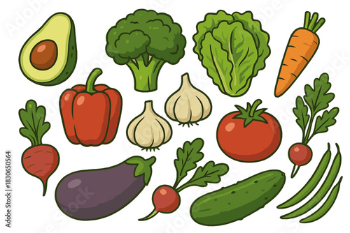 Set of fresh organic produce including avocado broccoli carrot tomato and eggplant