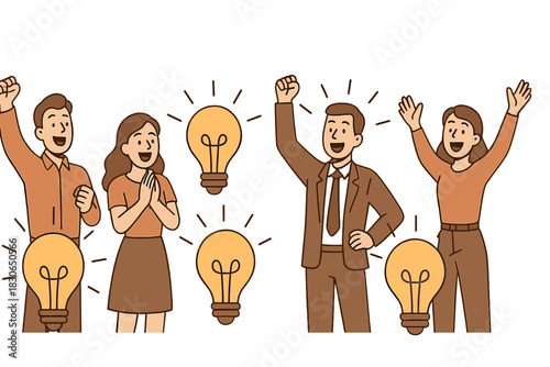 Happy business team celebrating success and new ideas with glowing light bulbs