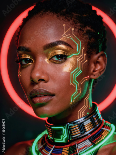 Close-up portrait of an Afro-futuristic Black woman with glowing green circuit skin patterns and neon Maasai beads, symbolizing the fusion of African heritage and AI technology.