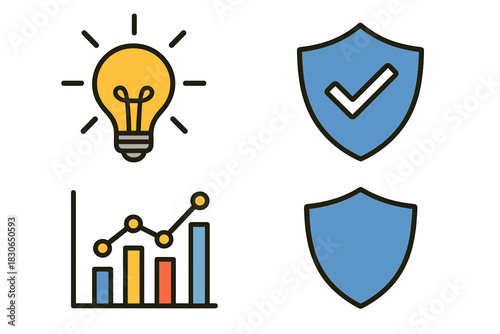 Business and security icons featuring lightbulb for ideas, data chart for growth, and protective shields