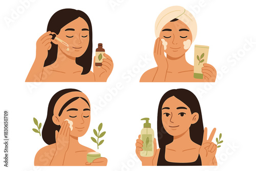 Women applying natural organic beauty products during daily facial skincare routine
