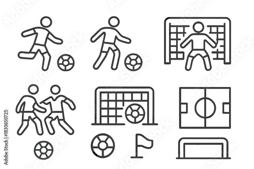 Outline icons set featuring soccer game play, equipment, and field layout