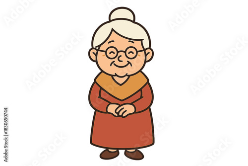 Cheerful elderly woman character standing with hands folded and a gentle smile