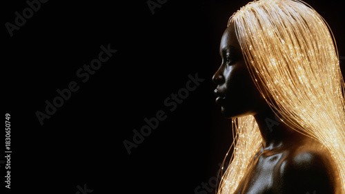 Surreal profile of a Black woman with glowing golden fiber optic hair against a dark background, symbolizing high speed connectivity and afro futurism technology