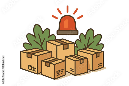 Emergency alert signal flashing above a pile of shipping cardboard boxes and green foliage