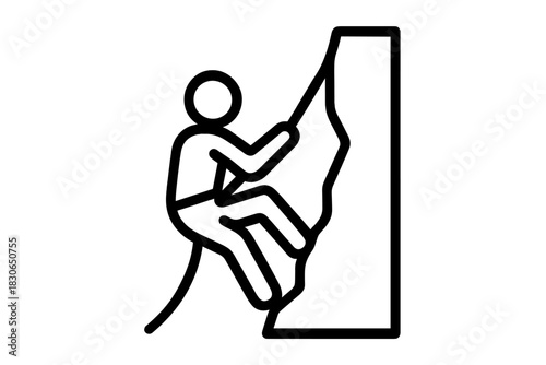 Minimalist black line drawing depicting a person engaged in rock climbing or rappelling