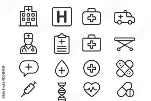 Essential medical and healthcare outline icons featuring hospital, ambulance, doctor, DNA, and first aid symbols