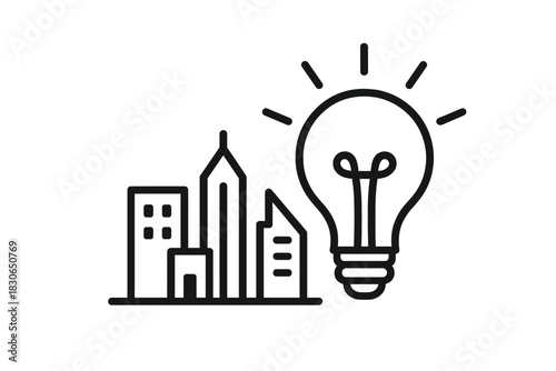 Modern city skyline and buildings with a glowing light bulb icon for urban innovation