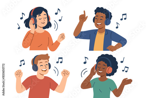 Diverse group of young people enjoying music and dancing with wireless headphones