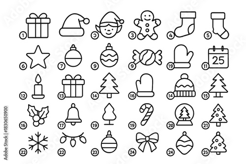 Minimalist line icons featuring various Christmas and winter holiday symbols and festive elements