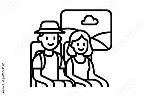 Happy couple traveling together sitting by the window enjoying the view