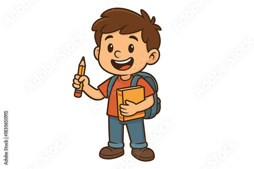 Cheerful young student boy holding pencil and book ready for school learning