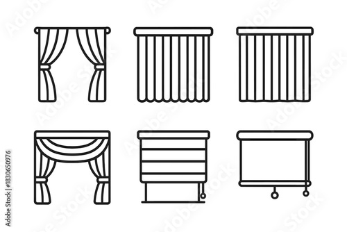 Different types of window treatments including classic curtains, roller shades, and vertical blinds