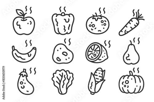 Outline icons set of rotten and spoiled fruits and vegetables emitting foul odor