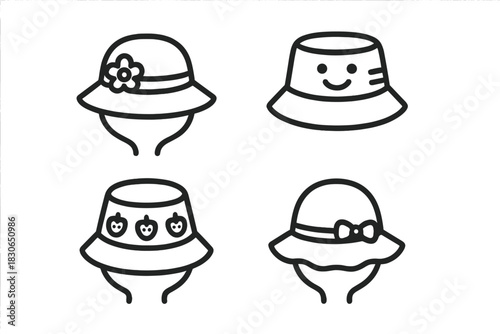 Minimalist outline icons of summer hats and bucket hats for sun protection