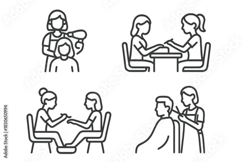 Line symbols for beauty salon and spa services: haircut, manicure, pedicure, hair drying