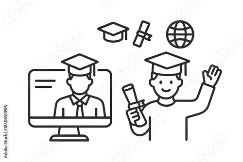 Online graduation ceremony showing student holding diploma and virtual professor