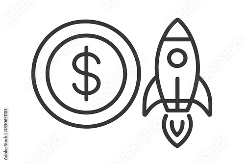Dollar coin and rocket taking off symbolizing financial startup success and rapid growth
