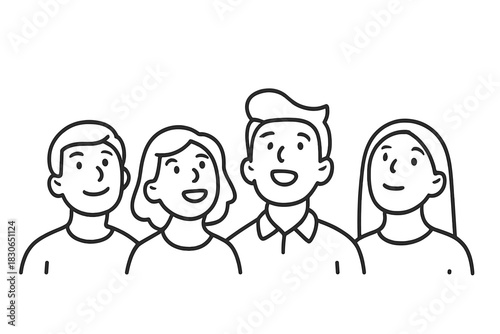 Simple line art group portrait of four happy young adults smiling together