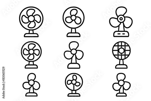 Collection of various electric desk fan icons for cooling and climate control