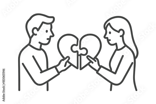 Two people connecting heart puzzle pieces symbolizing partnership and relationship